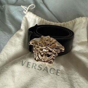 Versace Black Leather Belt with Gold Medusa Buckle
